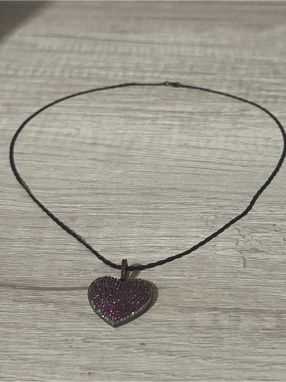 Dark Gunmetal Pavé Purple Crystal Heart Pendant Braided Cord Necklace nip